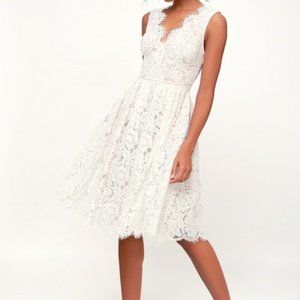 Love Swept White Lace Midi Skater Dress